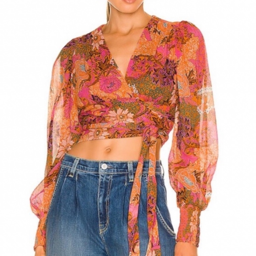 A.L.C. NWT Samara 100% silk Floral Wrap Crop Top in Pink & Orange, 0